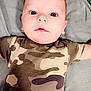 Keith is registered to the contest to win money with this photo: baby, child, infant, face, eyes, hair, camo_shirt, clothing, blanket, lying_down, cute, portrait, skin, mouth, expression, young, person, head, indoors, soft