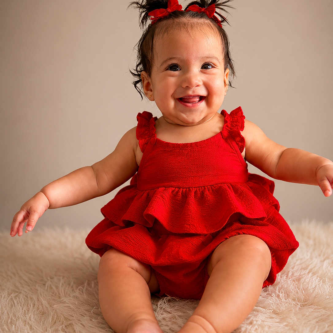 Jeimy Samantha is registered to the contest to win money with this photo: baby, child, smiling, red_dress, hair_bows, toddler, cute, happy, portrait, indoors, fluffy_rug, sitting, skin, face, arms, legs, toes, studio, adorable, fashion