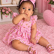 Jeimy Samantha is registered to the contest to win money with this photo: baby, child, toddler, portrait, sitting, pink, dress, bow, headband, smiling, face, curly_hair, baby_shoes, rug, flowers, teddy_bear, bedroom, indoors, floral_decor, heart_pattern
