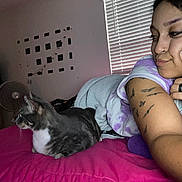Johnny Pickles is registered to the contest to win money with this photo: arm, bed, blanket, casual_clothing, cat, cheek, decorations, face, fan, gray_cat, hand, indoor, looking, lying_down, person, pink_bedspread, relaxed, tattoo, white_cat, window_blinds