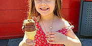 Capucine participe au concours pour gagner de l'argent avec cette photo : child, cone, cute, face, food, girl, hair, happy, holding, ice_cream, necklace, outdoor, pavement, portrait, red_dress, smile, summer, sunlight, sweet, wall