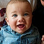 baby, baby_smile, blue_eyes, casual_wear, child, closeup, clothing, cute, denim_shirt, face, family, happy, holding_hands, indoor, infant, person, portrait, short_hair, skin, smiling