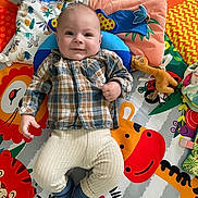 Isaac participe au concours pour gagner de l'argent avec cette photo : baby, child, plaid_shirt, knit_pants, socks, play_mat, colorful, animal_pattern, toy, smiling, indoor, floor, cute, infant, portrait, happy, lying_down, soft_toys, bright_colors, casual_clothing