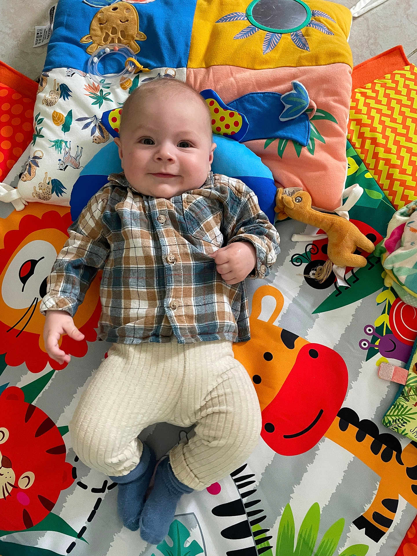Isaac participe au concours pour gagner de l'argent avec cette photo : baby, child, plaid_shirt, knit_pants, socks, play_mat, colorful, animal_pattern, toy, smiling, indoor, floor, cute, infant, portrait, happy, lying_down, soft_toys, bright_colors, casual_clothing