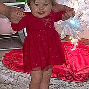 Peytyn joined the competition — help win amazing prizes! barefoot, carpet, celebration, child, cute, decorations, family, festive, hands, holding_hands, holiday, home, indoor, lights, person, red_dress, smile, toddler, white_christmas_tree, young_child