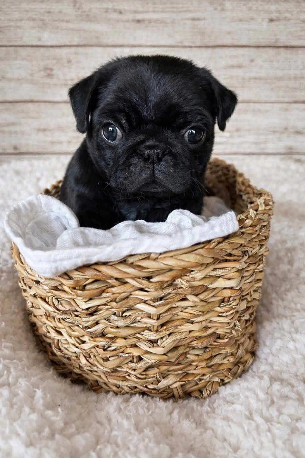 Angel participe au concours pour gagner de l'argent avec cette photo : puppy, dog, black_pug, basket, woven_basket, white_cloth, cute, pet, animal, indoor, carpet, wooden_background, small, young, cozy, closeup, portrait, fur, adorable, sitting