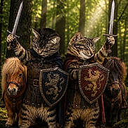 Bubby And Tiny Cat is registered to the contest to win money with this photo: adventure, animal, armor, brave, cat, cats, costume, cute, fantasy, forest, fur, knight, medieval, nature, outdoor, pony, shield, standing, sword, weapon