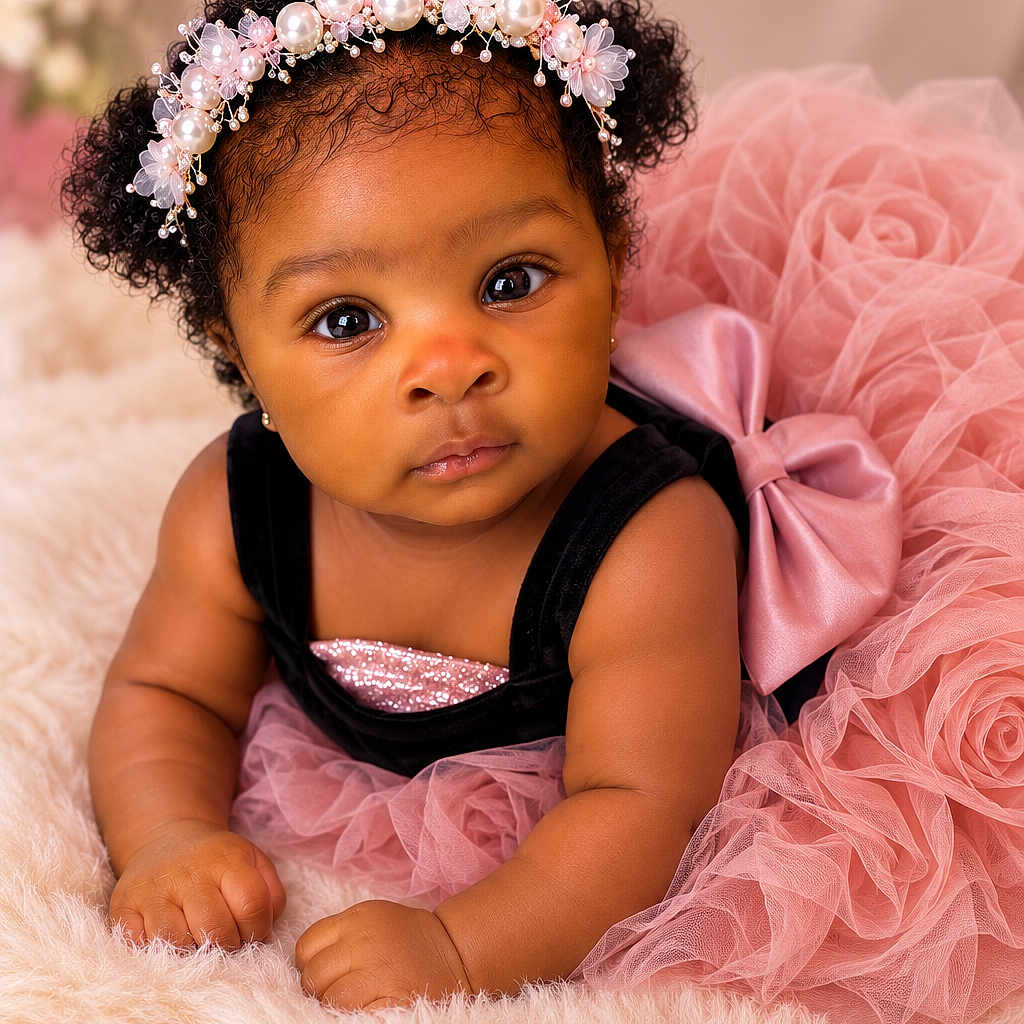 Davina is registered to the contest to win money with this photo: baby, infant, girl, headband, pearl, flower, curly_hair, tulle_dress, pink, black, satin_bow, fluffy_rug, portrait, cute, face, child, indoors, soft_lighting, decor, smiling