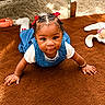 Davina joined the competition — help win amazing prizes! toddler, child, baby, crawling, denim_dress, white_shirt, red_ribbons, braided_hair, carpet, plush_toy, home_interior, socks, bracelet, cute, curious, indoors, floor, brown_carpet, person, portrait
