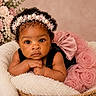 baby, infant, child, basket, headband, pearl, flowers, pink_dress, roses, soft_fabric, curly_hair, portrait, closeup, cute, adorable, indoor, decor, skin, hands, face