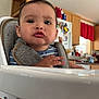 Oatlyn joined the competition — help win amazing prizes! baby, high_chair, child, face, kitchen, furniture, padded_harness, striped_shirt, expression, indoor, cabinet, refrigerator, magnet, curtain, window, table, person, seat, hand, cute