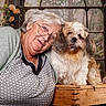 Tchoupi participe au concours pour gagner de l'argent avec cette photo : companion, cuddle, dog, eyeglasses, flowers, fluffy_fur, greenhouse, indoors, older_adult, patterned_shirt, pet, plants, portrait, rustic, shih_tzu, smiling, sweater, vintage_window, woman, wooden_chest