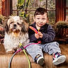 child, colorful_cord, companion, dog, flowers, greenhouse, home_decor, indoors, pet, photography, plants, portrait, puppy, shaggy_fur, shoes, sitting, smiling, toddler, vintage_luggage, wooden_floor