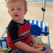 Aster is registered to the contest to win money with this photo: beach, blonde_hair, blue_eyes, canopy, casual_clothing, chair, child, curious_expression, daytime, ocean, outdoor, portrait, relaxed, sand, striped_chair, summer, sun_protection, sunscreen, toddler, vacation