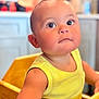 toddler, child, face, eyes, yellow_tank_top, high_chair, wooden_furniture, indoor, kitchen, curious, expression, skin, person, portrait, baby, cute, sitting, closeup, young_child, bright