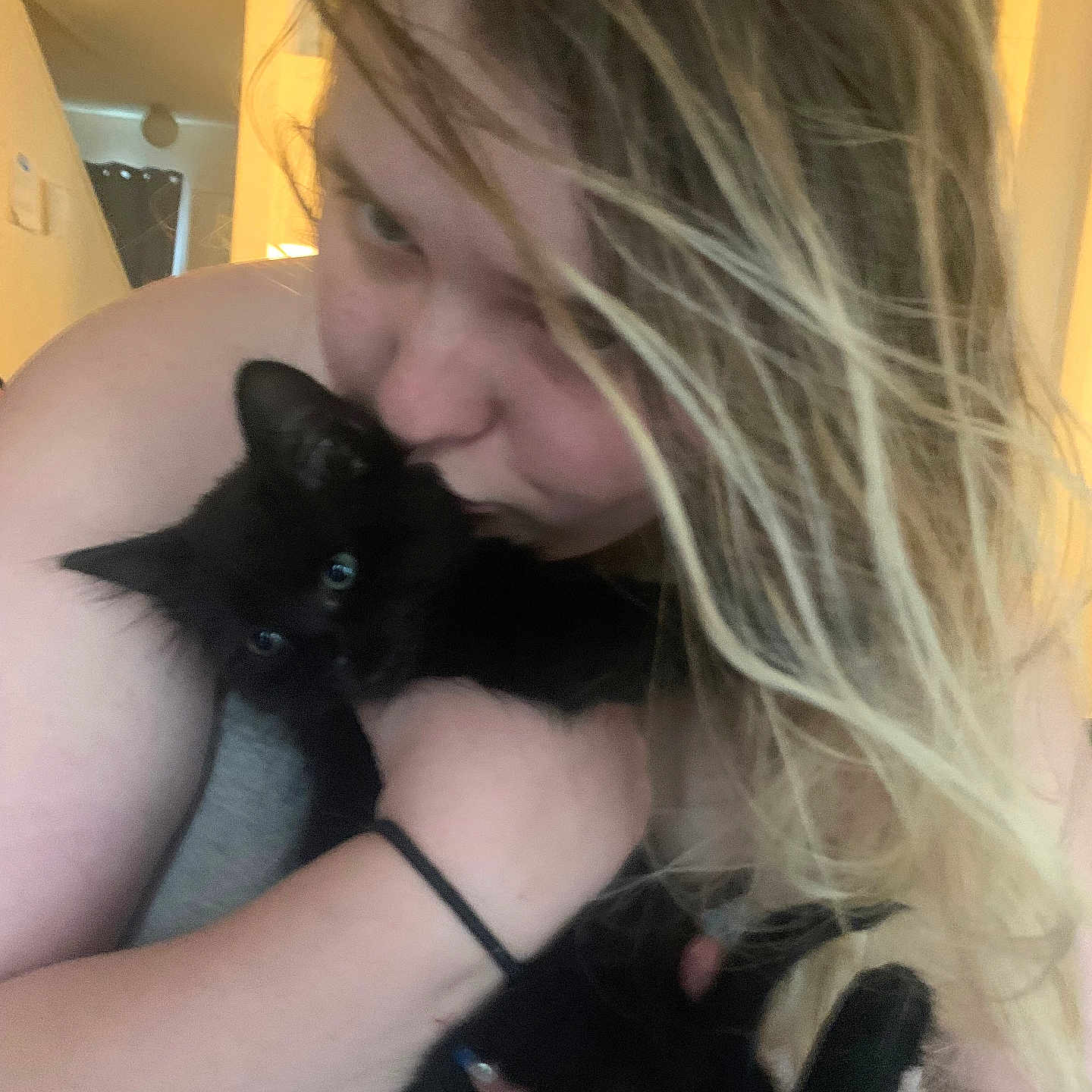 Buddy is registered to the contest to win money with this photo: affection, animal, arm, black_cat, blonde, casual, cat, closeup, cuddle, cute, face, furry, hair, holding, indoor, intimate, love, person, pet, young_adult