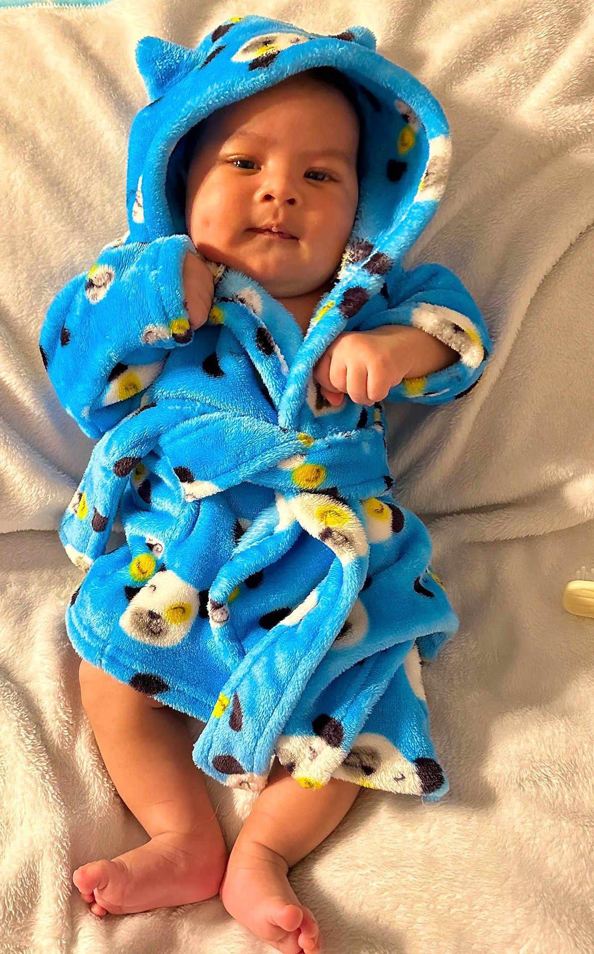 Tatum is registered to the contest to win money with this photo: baby, infant, blue_robe, panda_print, blanket, soft_texture, cute, cozy, face, bare_feet, indoors, portrait, child, smiling, fuzzy_clothing, lying_down, warm, comfort, small_hands, adorable