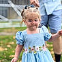 child, girl, blue_dress, glasses, outdoor, grass, flower_embroidery, pigtails, person, smile, cute, nature, adult, background, portrait, fashion, summer, happy, family, walking