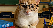 Jax is registered to the contest to win money with this photo: cat, orange_cat, white_cat, glasses, classroom, school, desk, books, math, science, english, notebook, pencils, chalkboard, education, indoor, portrait, sitting, cute, funny