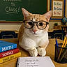 cat, orange_cat, white_cat, glasses, classroom, school, desk, books, math, science, english, notebook, pencils, chalkboard, education, indoor, portrait, sitting, cute, funny