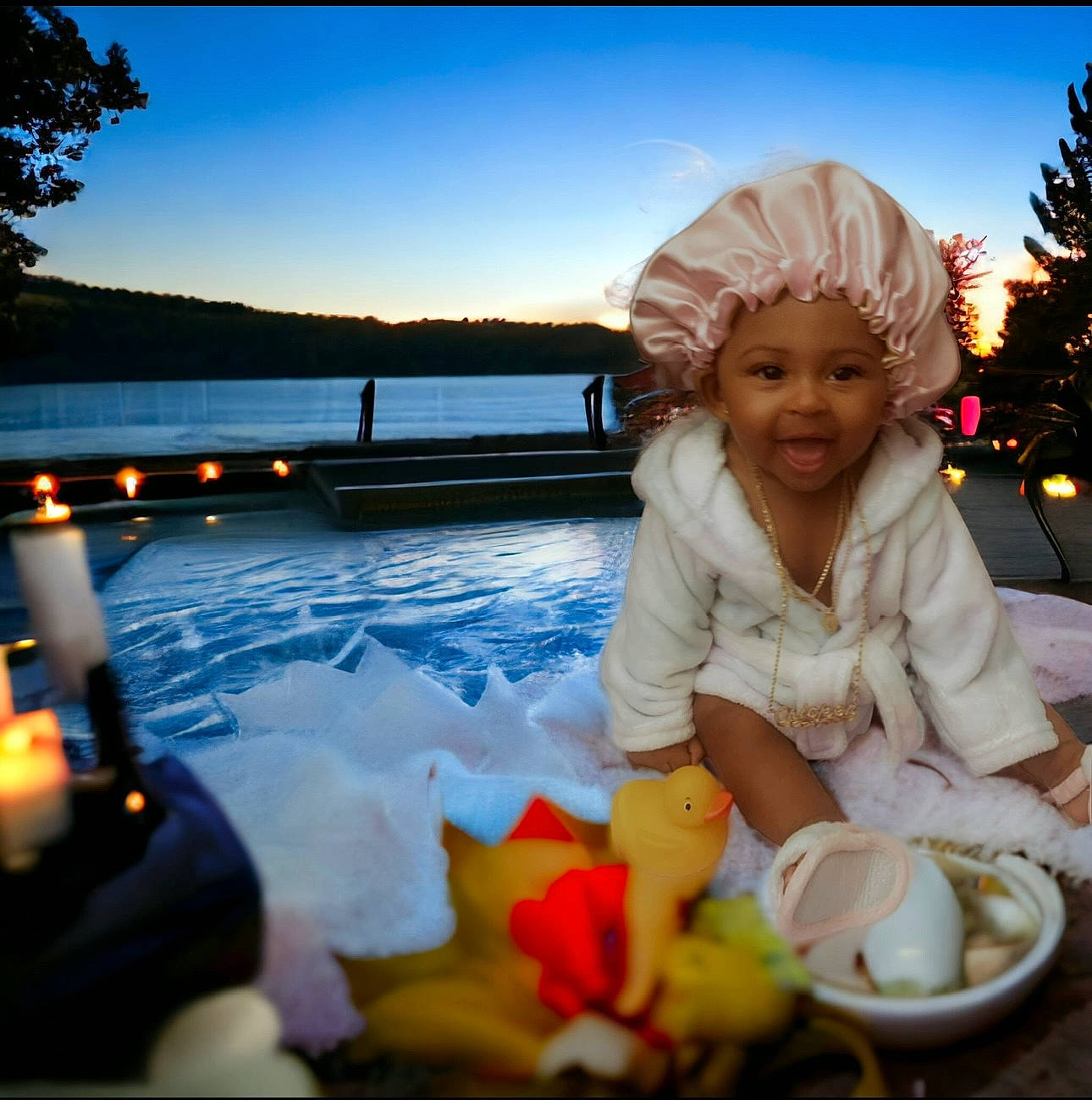 Aaleyah is registered to the contest to win money with this photo: candle, comfort_food, fun, happy, headwear, holiday, lake, landscape, leisure, person, plant, recreation, reservoir, sitting, sky, swimming_pool, toddler, travel, tree, vacation