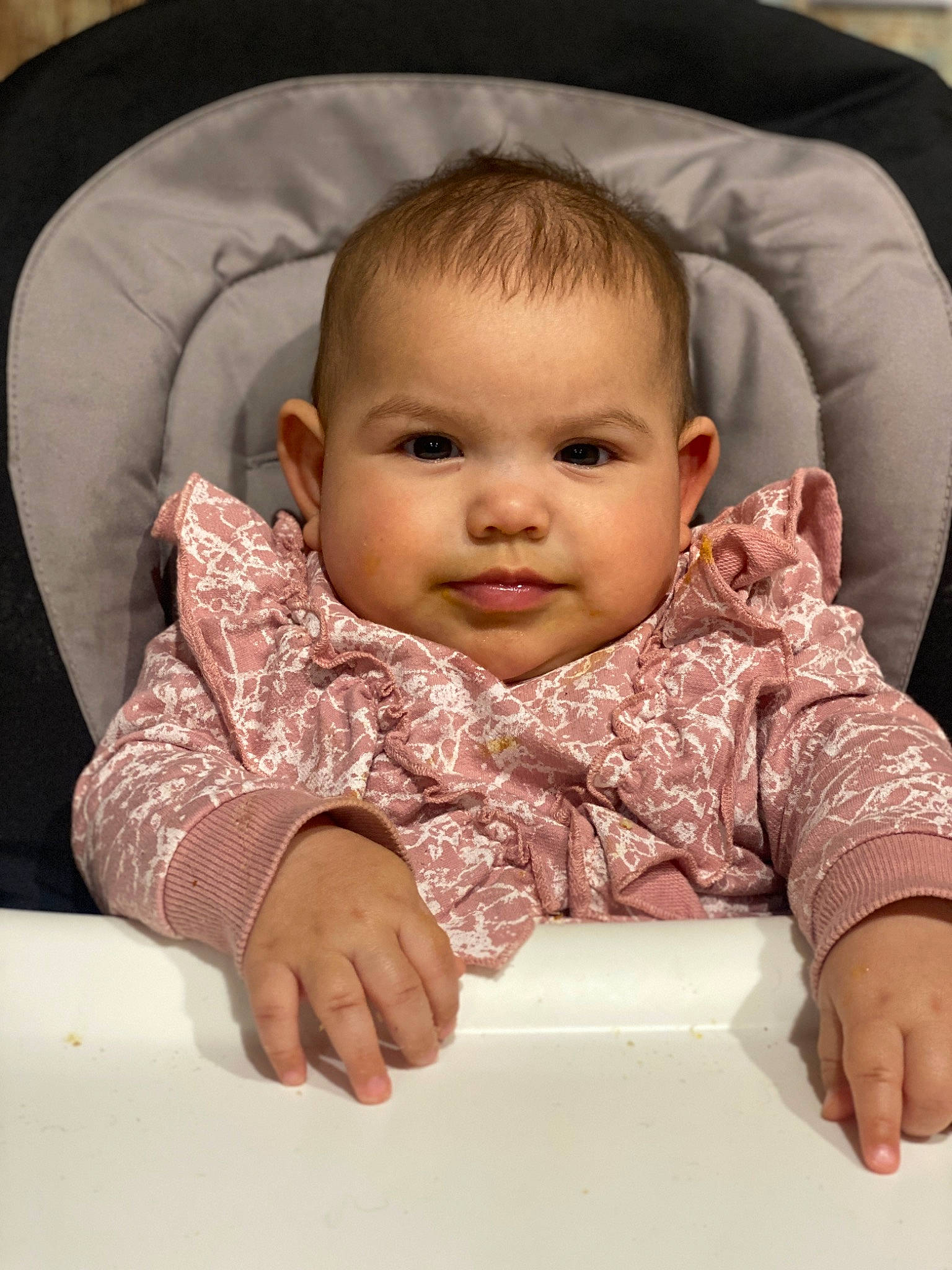 Olivia joined the competition — help win amazing prizes! baby, baby_toddler_clothing, cheek, child, collar, comfort, eye, eyebrow, face, finger, hair, hairstyle, head, iris, lip, person, product, sitting, skin, sleeve