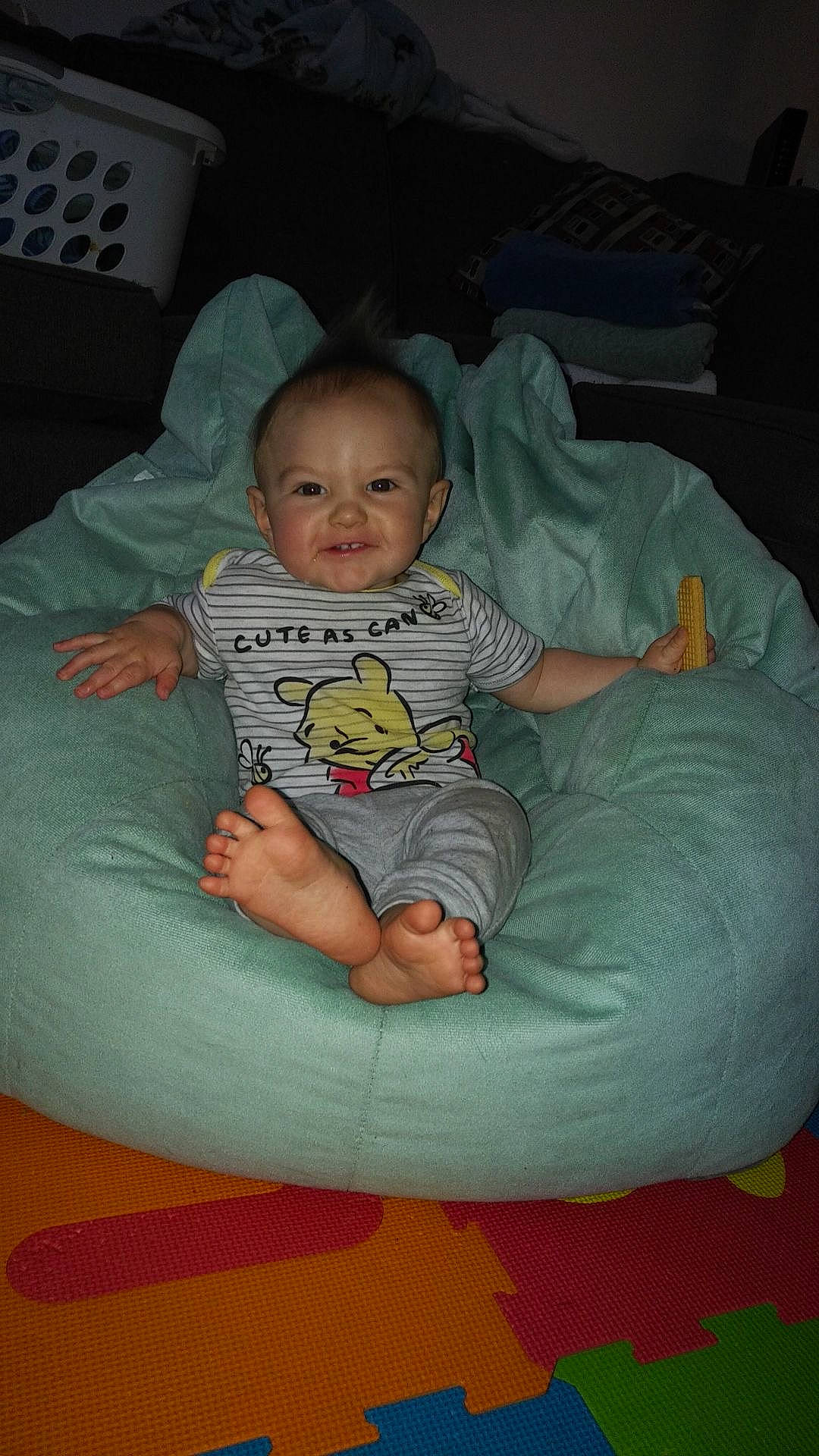 Jackson joined the competition — help win amazing prizes! arm, baby, baby_toddler_clothing, bean_bag, chair, cheek, child, comfort, eye, finger, fun, iris, lap, leg, mammal, mouth, person, sitting, smile, t_shirt