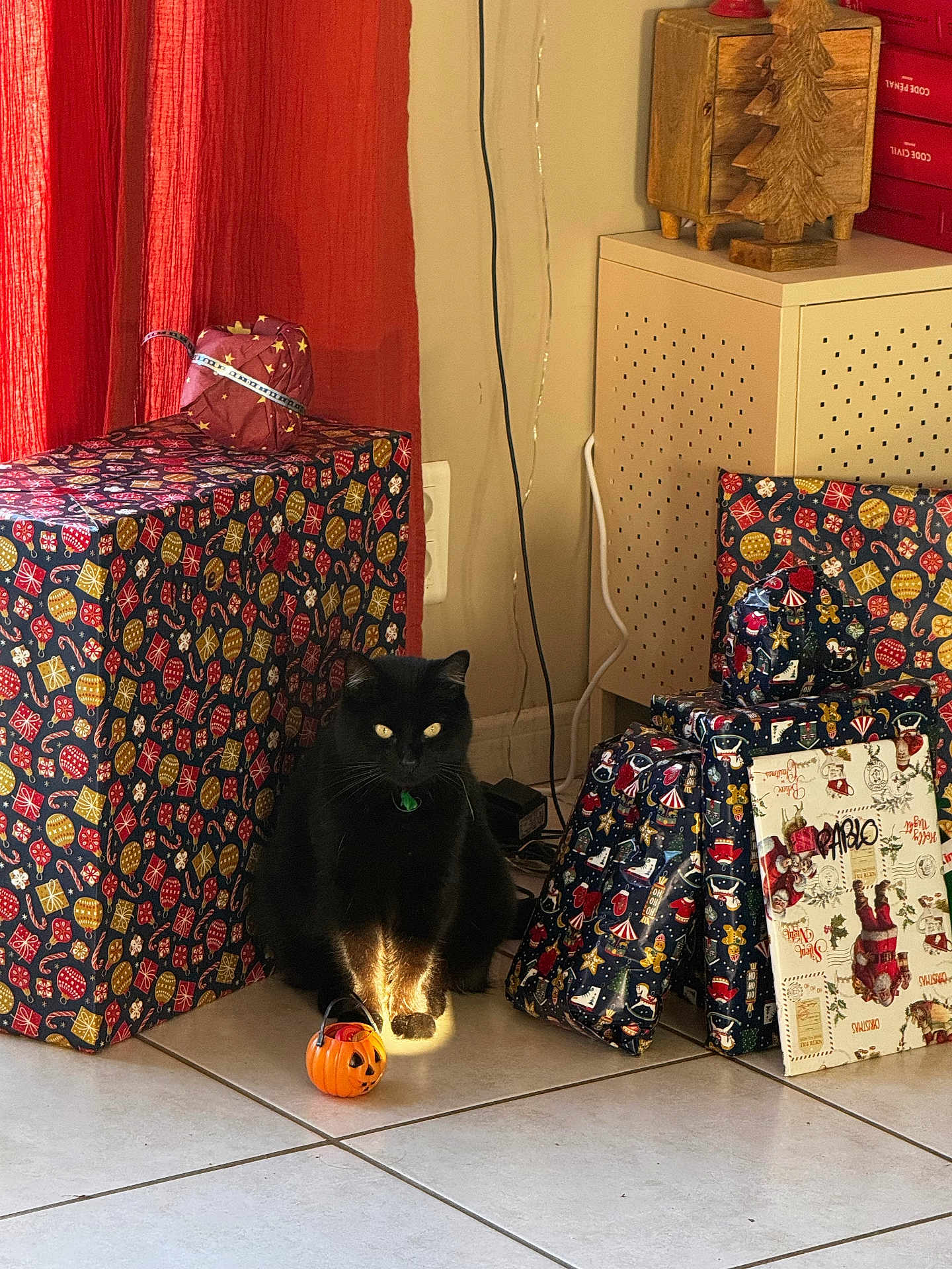 Piloute a rejoint le concours — aidez-le/la à gagner de superbes lots ! black_cat, cat, cord, decor, festive, floor, gift_wrap, green_collar, holiday, holiday_gifts, indoor, pet, pumpkin_bucket, red_curtain, shadow, sunlight, tile_floor, wall_socket, wooden_box, wrapped_presents