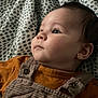 Milo participe au concours pour gagner de l'argent avec cette photo : baby, child, face, profile, infant, clothing, overalls, orange_shirt, blanket, pattern, indoor, portrait, cute, skin, hair, eyes, ear, expression, soft_light, closeup