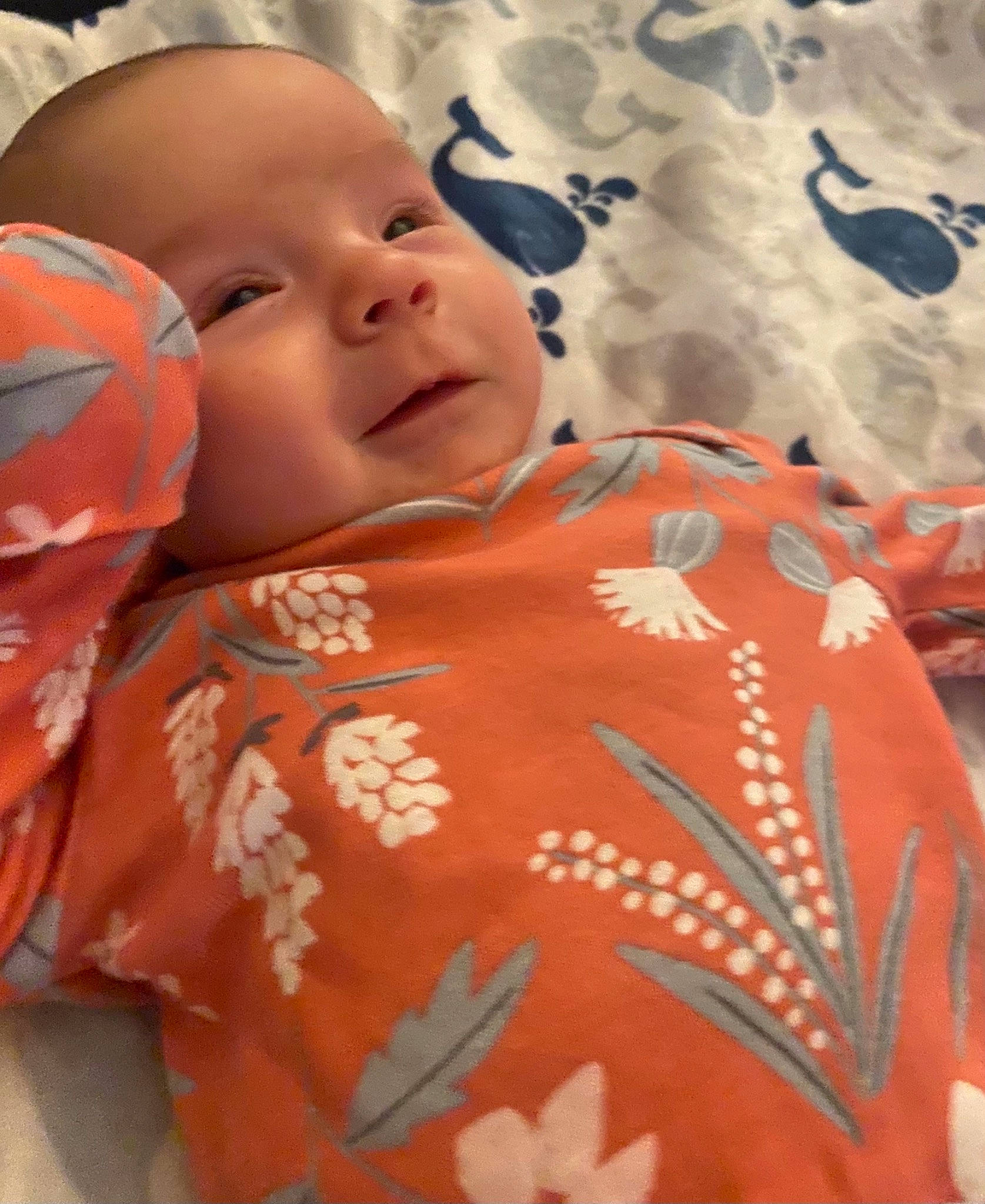 Paisleymae is registered to the contest to win money with this photo: baby, baby_toddler_clothing, cheek, child, chin, comfort, fun, happy, head, iris, leisure, linens, mouth, nose, orange, pattern, people_in_nature, person, smile, textile