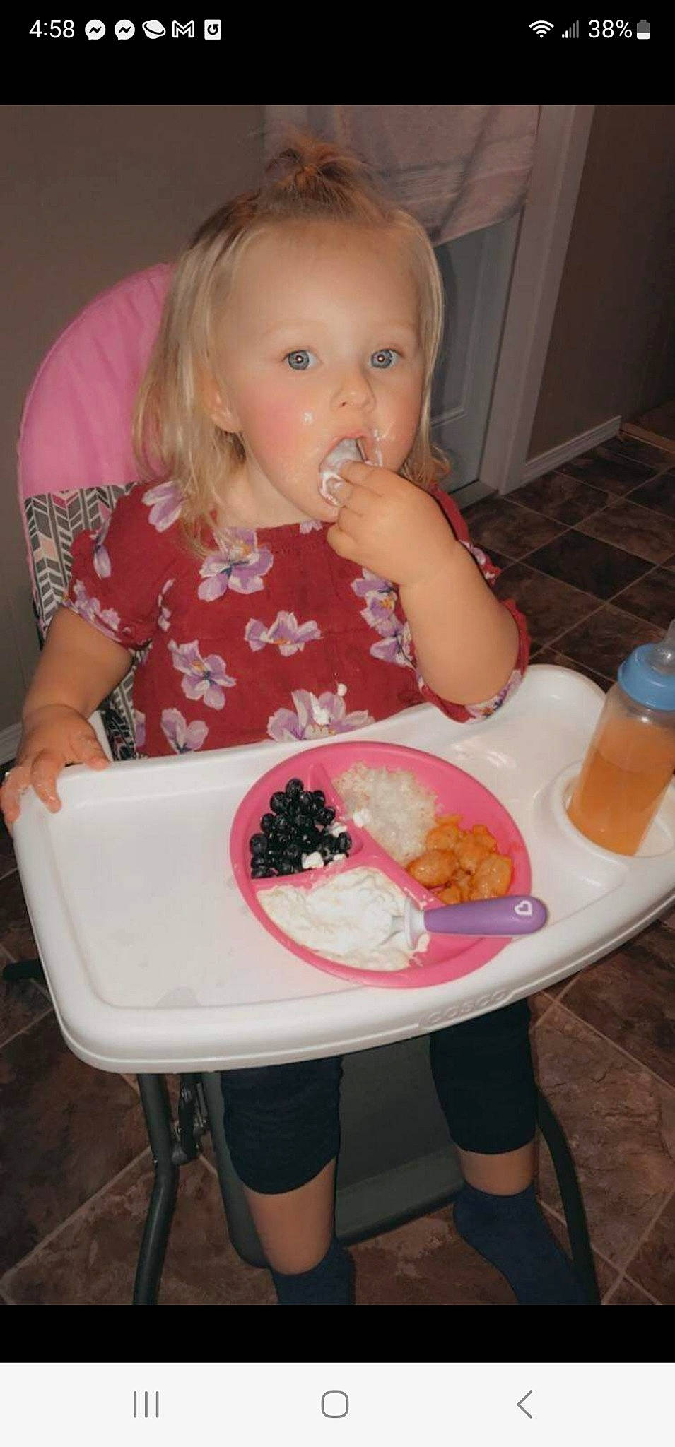 Nalani joined the competition — help win amazing prizes! baby, baby_food, baby_toddler_clothing, chair, child, cuisine, dish, dishware, face, food, food_craving, fun, head, person, pink, plate, sitting, surprise, sweetness, table