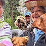 animal, brown_dog, casual, curly_hair, dog, forest, golden_dog, gray_hair, group, happy, hat, hoodie, leash, nature, outdoor, people, pet, portrait, selfie, smiling