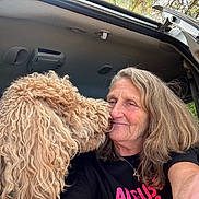 Nugget is registered to the contest to win money with this photo: adult, affection, car_interior, casual_clothing, closeup, cross_necklace, curly_hair, daylight, dog, friendship, hair, happy, nature, nose_touch, outdoor, pet, seatbelt, side_view, smile, woman
