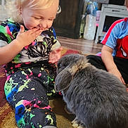 Arya is registered to the contest to win money with this photo: toddler, child, rabbit, pet, indoor, carpet, colorful_clothing, pink_sock, blonde_hair, smiling, happy, cute, animal, floor, furniture, clock, cabinet, playful, boy, girl