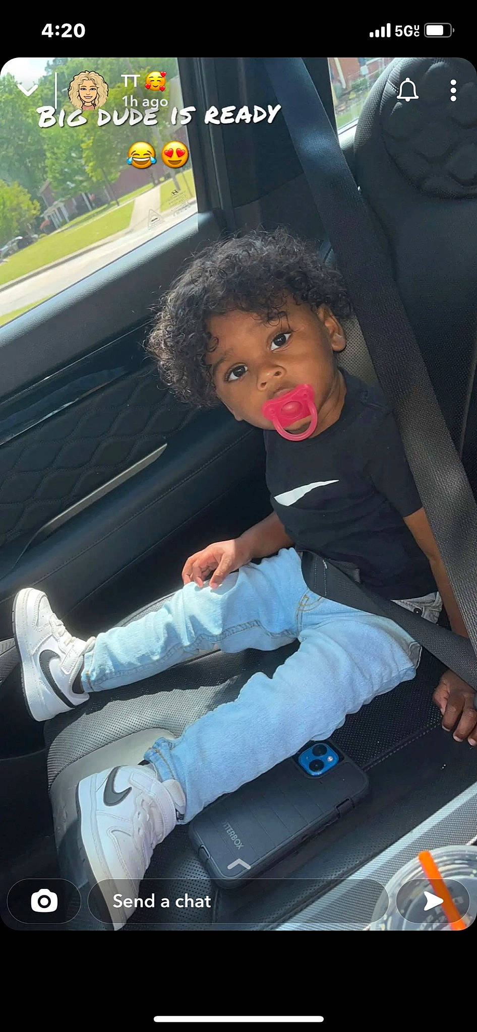 Princeton is registered to the contest to win money with this photo: auto_part, automotive_design, automotive_exterior, black, bumper, car_seat, car_seat_cover, flash_photography, fun, hairstyle, human_leg, leg, mode_of_transport, motor_vehicle, person, snapshot, thigh, toddler, vehicle, vehicle_door