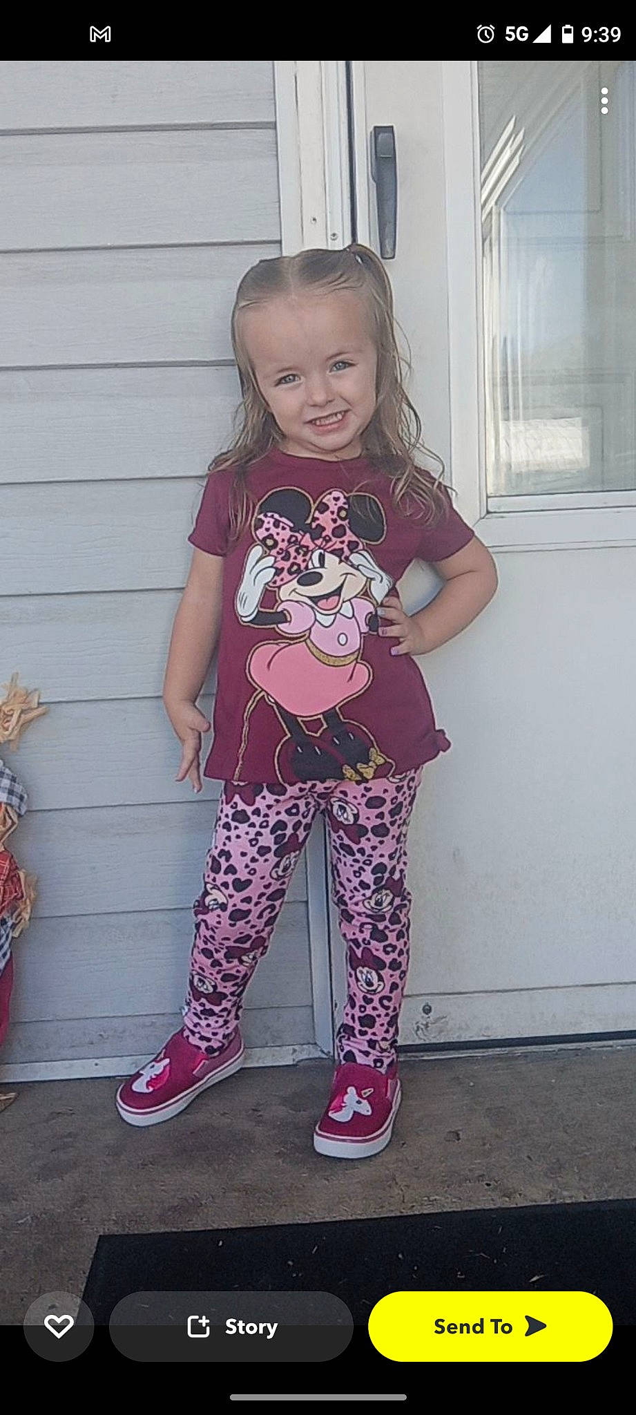 Chevy is registered to the contest to win money with this photo: active_pants, baby_toddler_clothing, cool, eye, face, footwear, hair, head, human_body, joy, knee, leg, person, pink, purple, shoe, sleeve, smile, standing, thigh