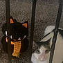 cat, plush_toy, carpet, black_metal_bars, indoor, white_cat, gray_cat, toy_cat, scarf, striped_scarf, pet, feline, sitting, curious, close_up, soft_toy, floor, animal, domestic_cat, blurred