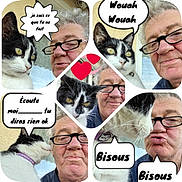 Loustic a rejoint le concours — aidez-le/la à gagner de superbes lots ! cat, black_and_white_cat, person, older_adult, glasses, portrait, selfie, collage, comic_style, speech_bubble, text_overlay, french_text, heart, kisses, indoors, window, curtain, close_up, pet, humor