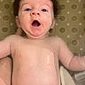 Pierce joined the competition — help win amazing prizes! baby, infant, child, nude, skin, hair, expression, mouth_open, wide_eyes, surprised, lying_down, bath, patterned_background, human, young, cute, skin_texture, head, torso, arm