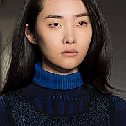 Gianna-Parissè is registered to the contest to win money with this photo: adult, black_hair, blue_turtleneck, closeup, clothing, eyebrows, face, fashion, female, hairstyle, indoor, long_hair, looking_ahead, model, person, portrait, serious, skin, studio_lighting, vest