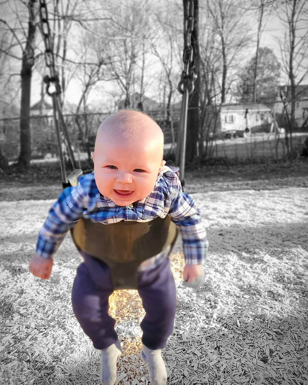 Kaedyn is registered to the contest to win money with this photo: baby, child, design, leaf, pattern, person, plant, play, smile, standing, toddler, tree