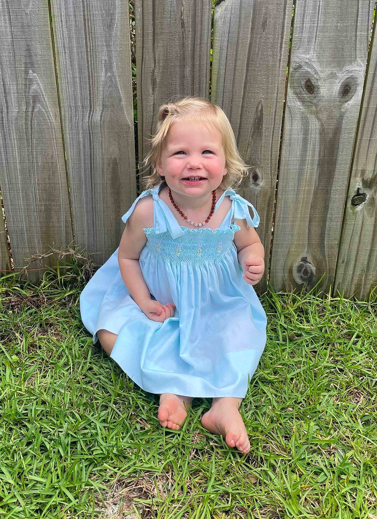 Alyssa is registered to the contest to win money with this photo: baby, baby_toddler_clothing, child, day_dress, dress, electric_blue, fence, fun, grass, grass_family, grassland, happy, head, joy, pattern, people_in_nature, person, plant, recreation, smile