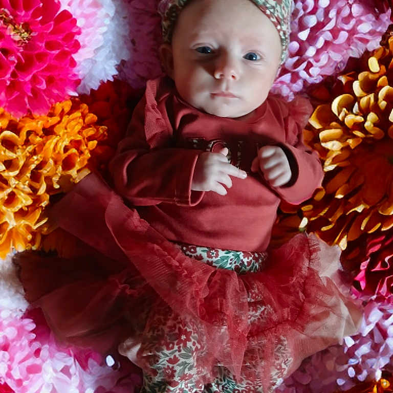 Winter joined the competition — help win amazing prizes! baby, infant, flower_pattern, red_clothing, headband, tulle_skirt, colorful_background, portrait, baby_face, cute, small_hands, lying_down, soft_lighting, cozy, floral_print, baby_clothes, young_child, indoors, adorable, newborn