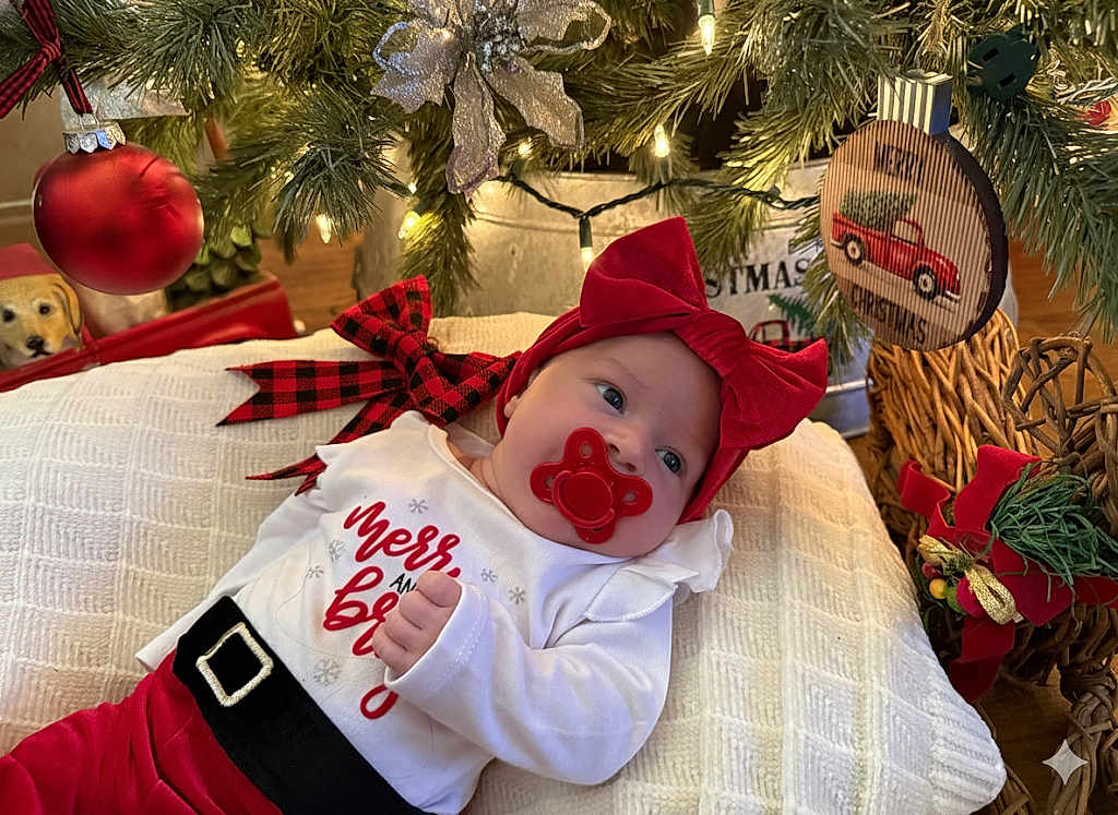 Wrenleigh joined the competition — help win amazing prizes! baby, holiday, christmas, red_bow, pacifier, pillow, christmas_tree, ornament, lights, decorations, festive, cute, indoor, smiling, child, infant, plaid_ribbon, wood_floor, cozy, dog