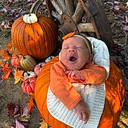 Wrenleigh joined the competition — help win amazing prizes! baby, pumpkin, blanket, orange_clothing, headband, yawning, autumn_leaves, wagon_wheel, fall, outdoor, nature, baby_pose, cozy, seasonal, harvest, cute, child, portrait, decor, baby_in_pumpkin