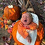 baby, pumpkin, blanket, orange_clothing, headband, yawning, autumn_leaves, wagon_wheel, fall, outdoor, nature, baby_pose, cozy, seasonal, harvest, cute, child, portrait, decor, baby_in_pumpkin