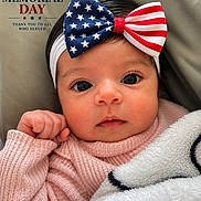 Renatta is registered to the contest to win money with this photo: baby, infant, face, headband, bow, pink_sweater, blanket, closeup, portrait, memorial_day, holiday_message, patriotic, stars, stripes, red_white_blue, cute, child, cozy, indoors, newborn