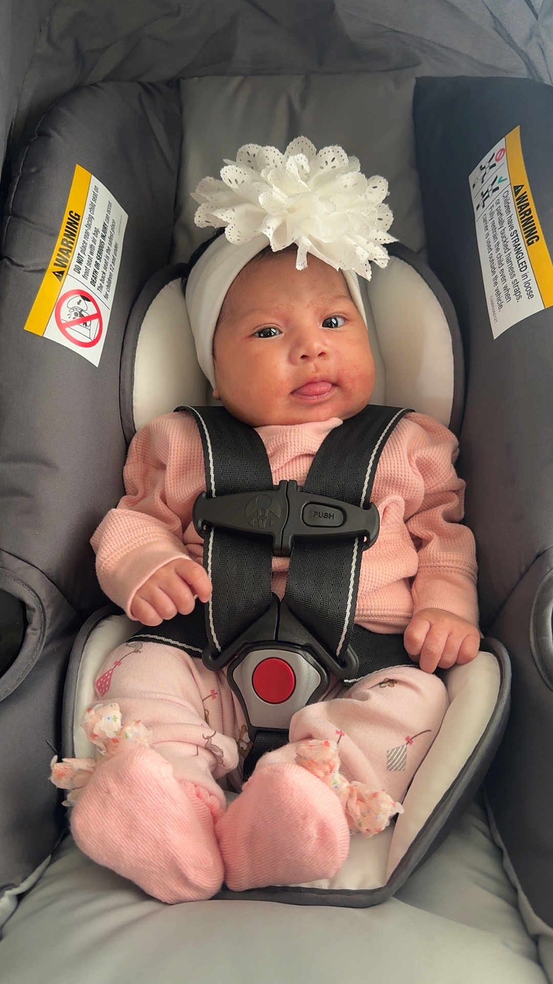 Leilani Levina joined the competition — help win amazing prizes! baby, infant, newborn, car_seat, headband, flower, pink_clothing, socks, harness, buckle, safety_label, warning_sticker, portrait, closeup, hands, eyes, tongue, fabric, cute, seat_pad