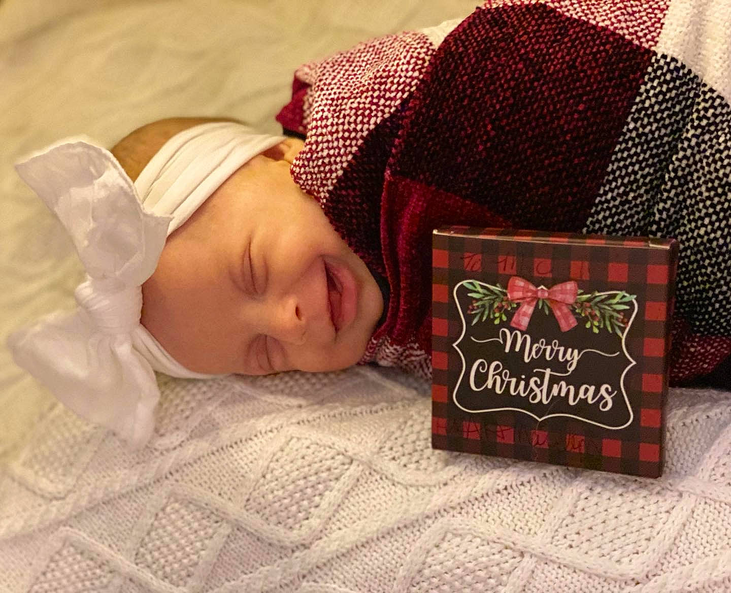 Adalyna joined the competition — help win amazing prizes! baby, baby_sleeping, baby_toddler_clothing, book, carmine, child, comfort, font, linens, pattern, person, plaid, product, publication, room, rose, sleeve, tartan, textile, toddler