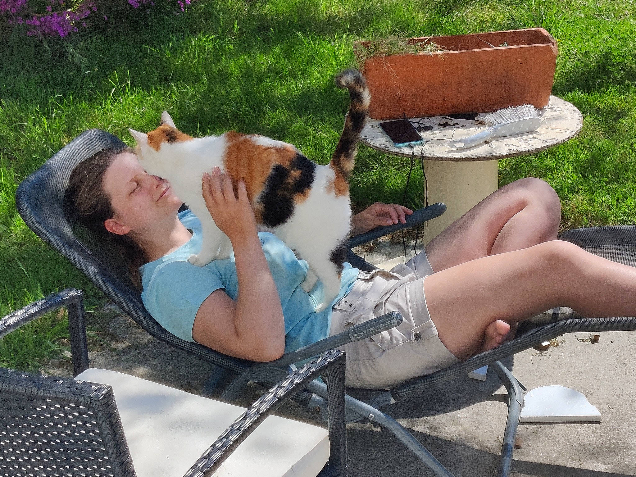 Cannelle a rejoint le concours — aidez-le/la à gagner de superbes lots ! carnivore, cat, comfort, companion_dog, eyewear, fawn, felidae, furniture, grass, human_body, lap, leg, leisure, outdoor_furniture, plant, shorts, small_to_medium_sized_cats, sunglasses, thigh, vertebrate